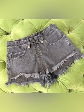 High-Rise Black Frayed Denim Shorts with Center Zip